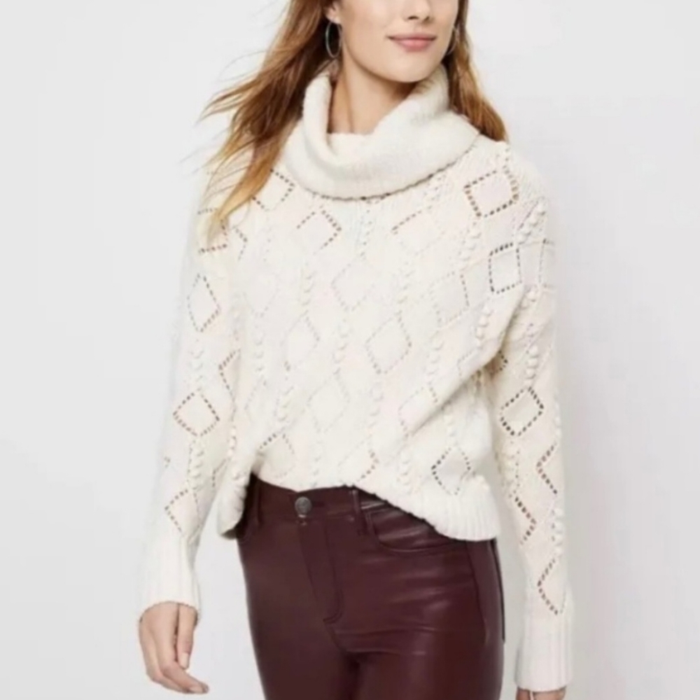 NWT LOFT Oversized Bobble Diamond Cowl Turtleneck Wool Blend Sweater